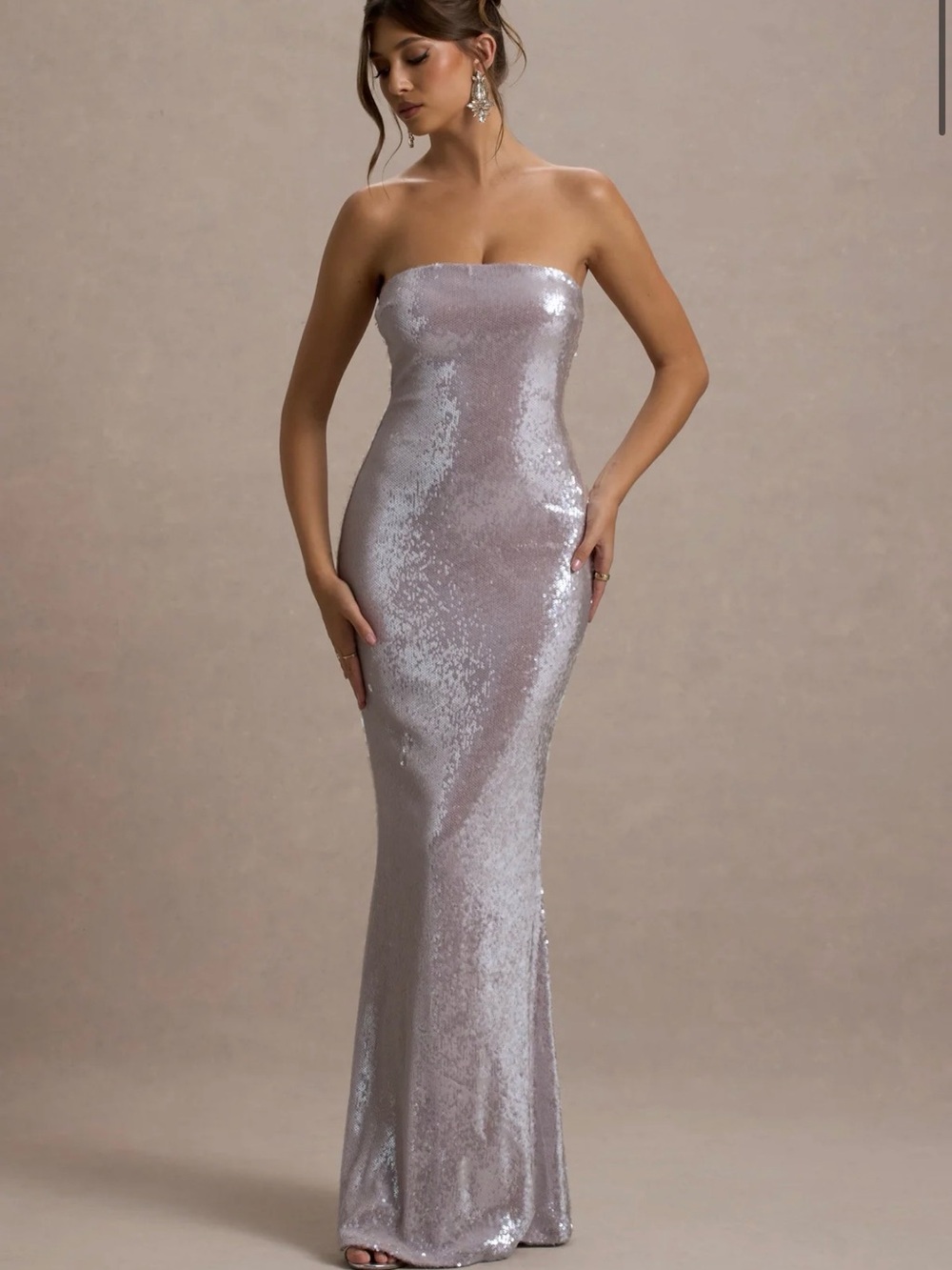 Strapless Sequin Mermaid Gown in Light Silver